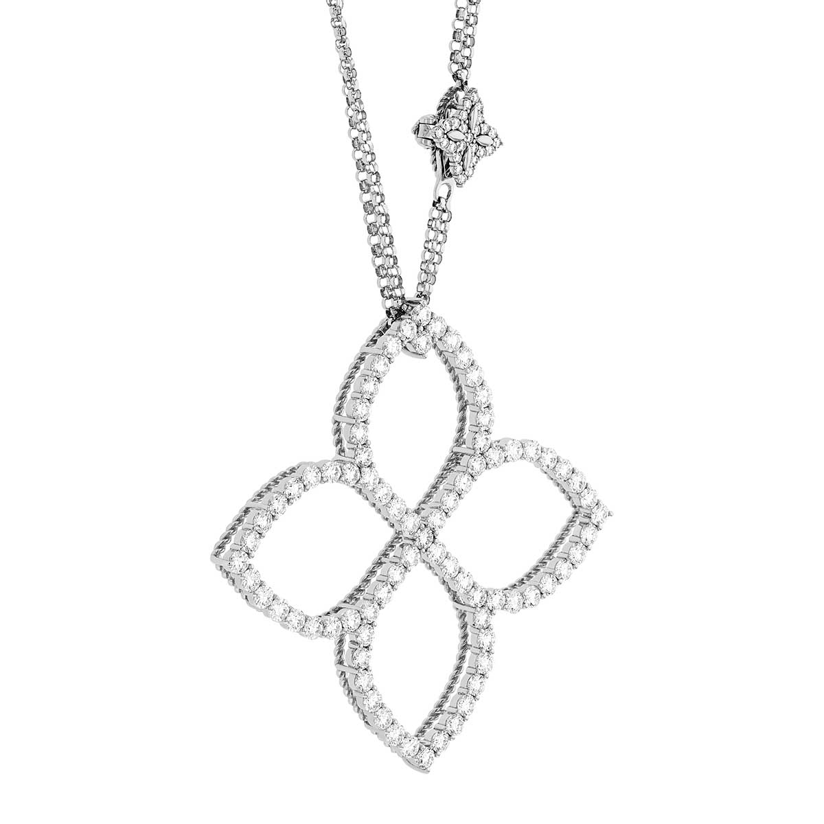 Roberto Coin Princess Flower Diamond Large Pendant with Flower Chain Accent in White Gold, 33