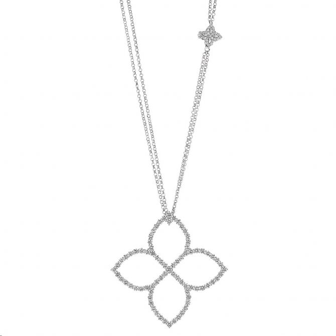 Roberto Coin Princess Flower Diamond Large Pendant with Flower Chain Accent in White Gold, 33"