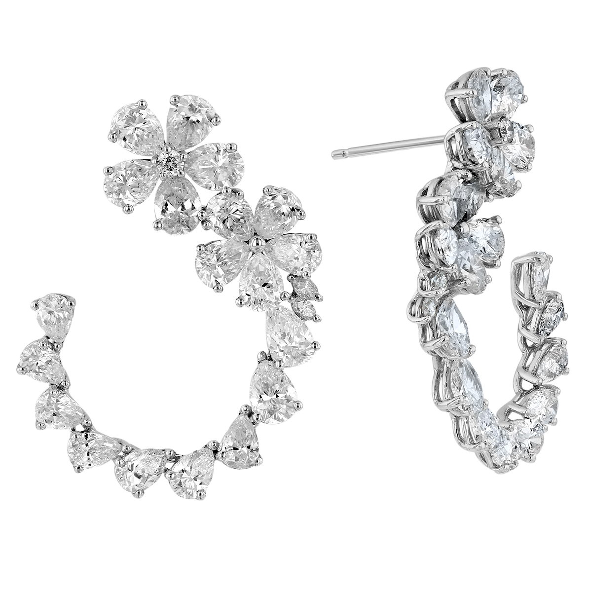 Diamond Multi Shape Flower Swirled Post Earrings in White Gold