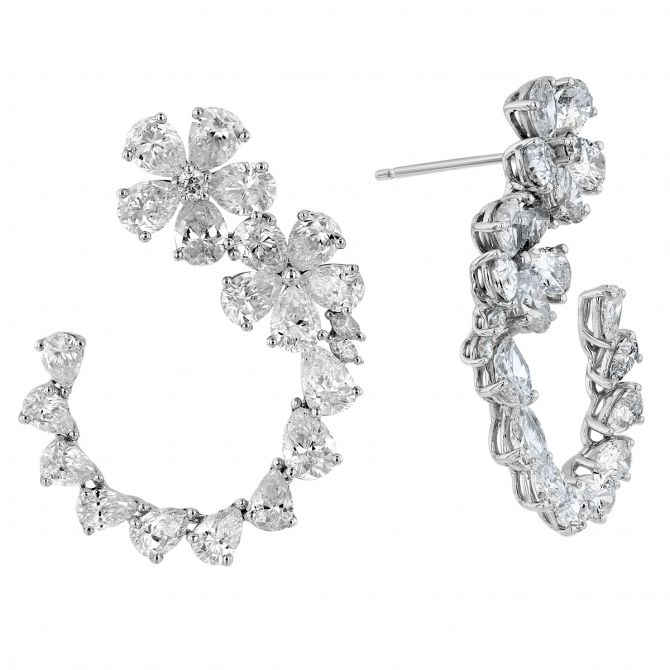 Diamond Multi Shape Flower Swirled Post Earrings in White Gold