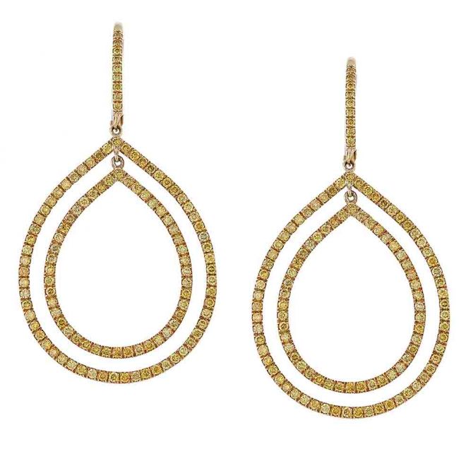 Fancy Yellow Diamond Double Teardrop Earrings in Yellow Gold