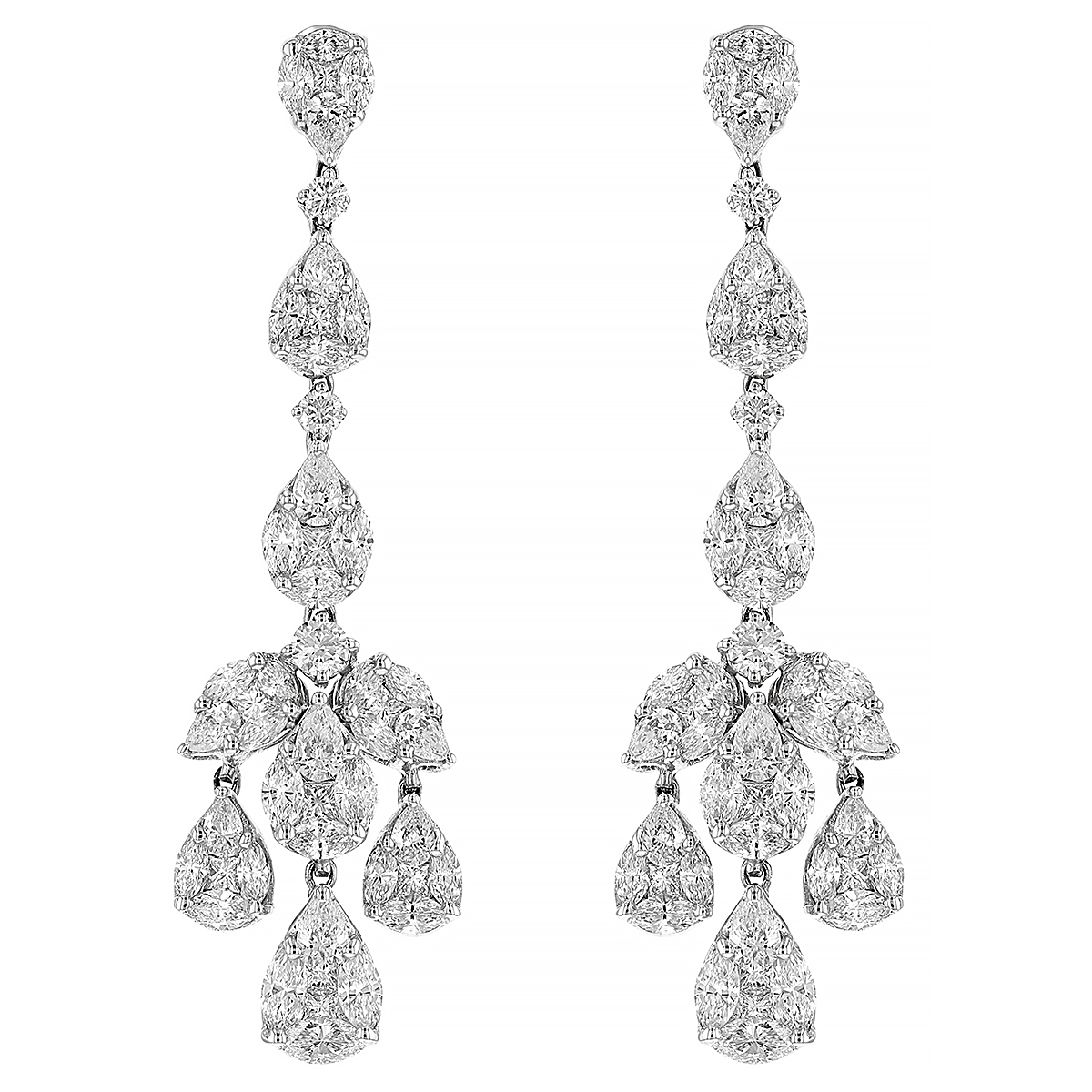 Multi Shape Diamond Illusion Teardrop Chandelier Earrings in White Gold
