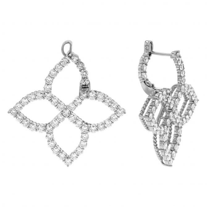 Roberto Coin Princess Flower Large Open White Gold Earrings with Diamonds
