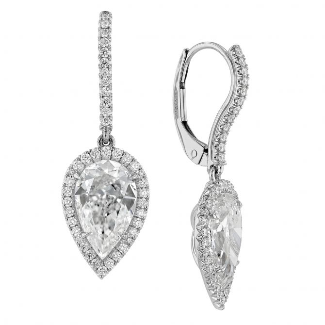 Rahaminov Pear Shaped Diamond Halo Dangle Earrings in White Gold