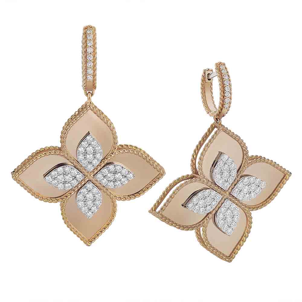 Roberto Coin Venetian Princess Diamond Flower Dangle Hoop Earrings in Rose Gold