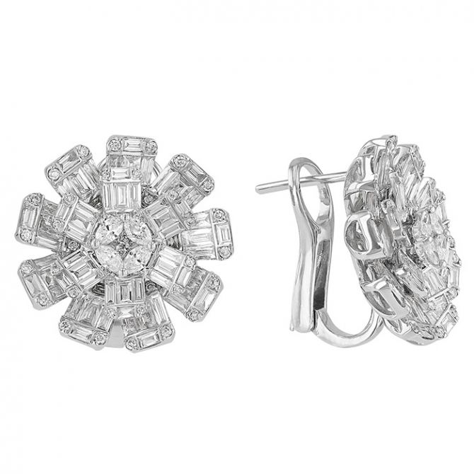 Multi Shape Diamond Flower Post Earrings with Omega Backs in White Gold