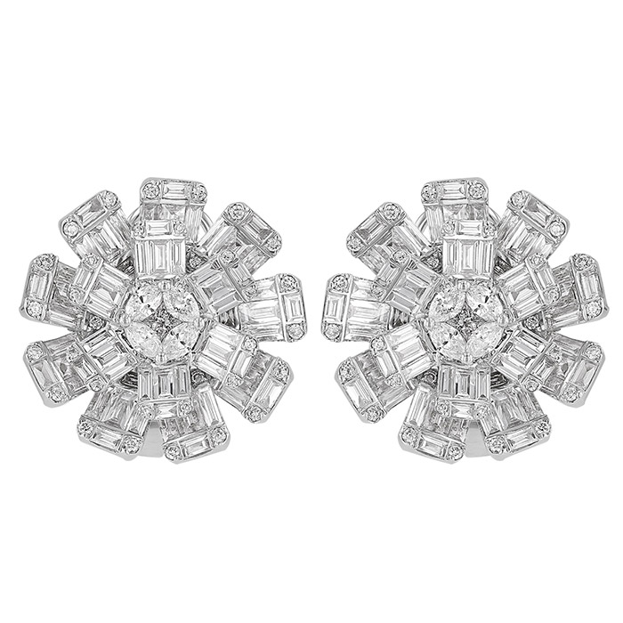 Multi Shape Diamond Flower Post Earrings with Omega Backs in White Gold
