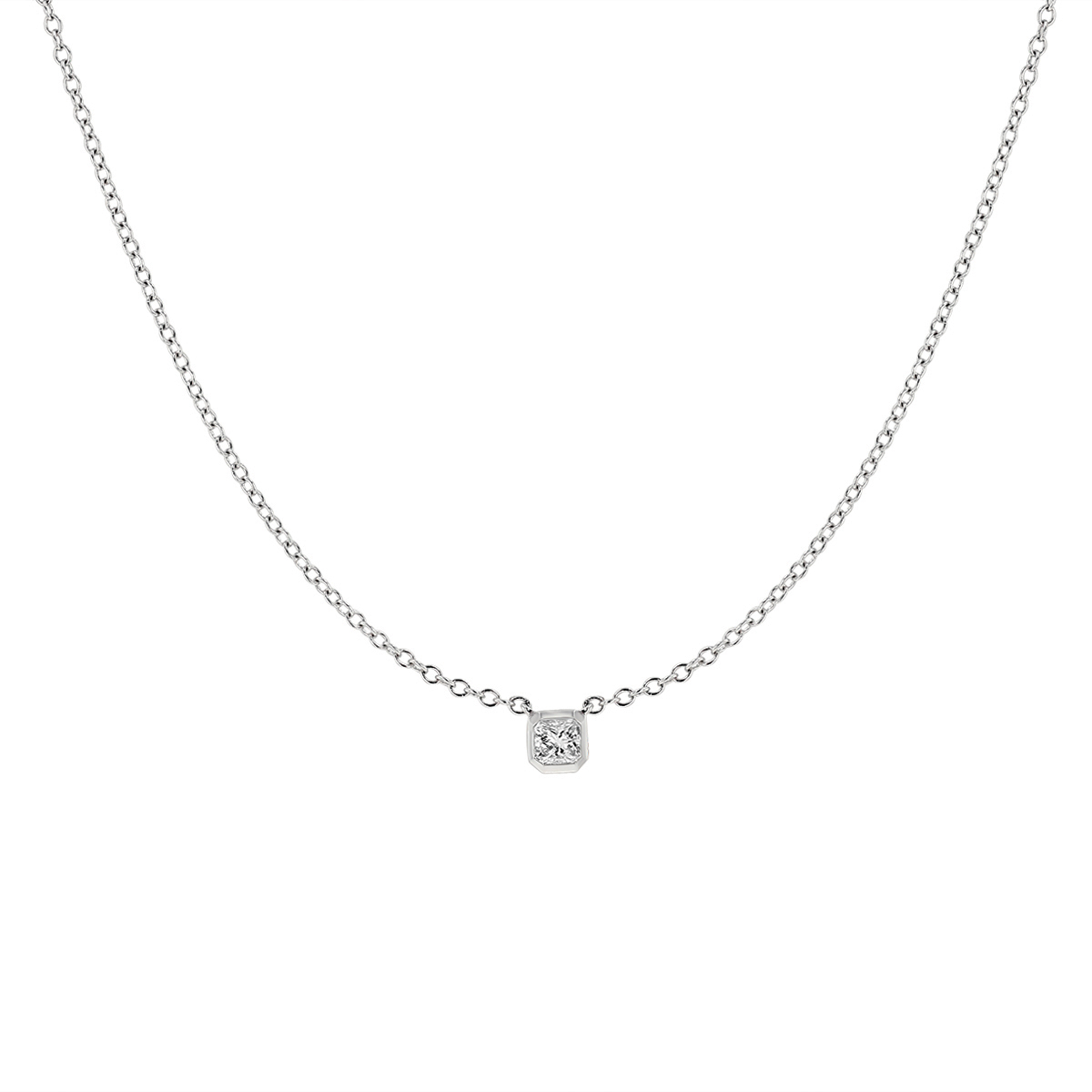 Cut Corner Princess Diamond Single Station Necklace in White Gold, 0.30 ct