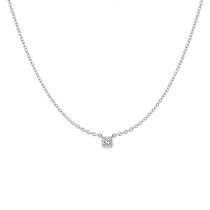 Cut Corner Princess Diamond Single Station Necklace in White Gold, 0.30 ct