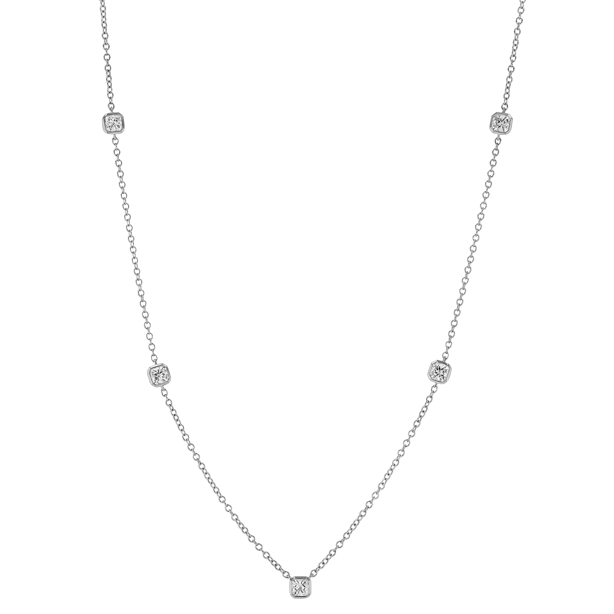 Cut Corner Princess Diamond 5 Station Necklace in White Gold