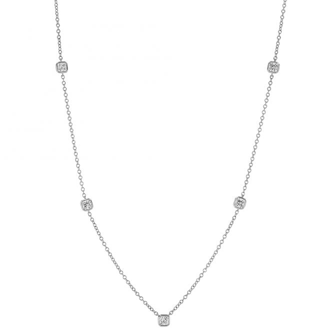 Cut Corner Princess Diamond 5 Station Necklace in White Gold