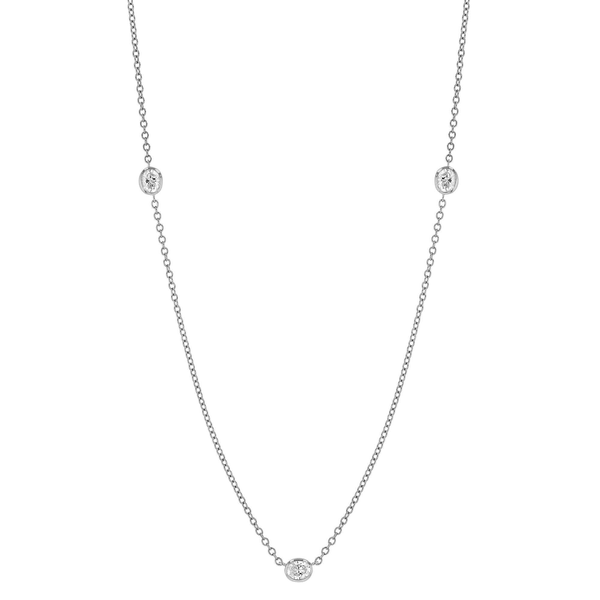 Oval Diamond 3 Station Necklace in White Gold