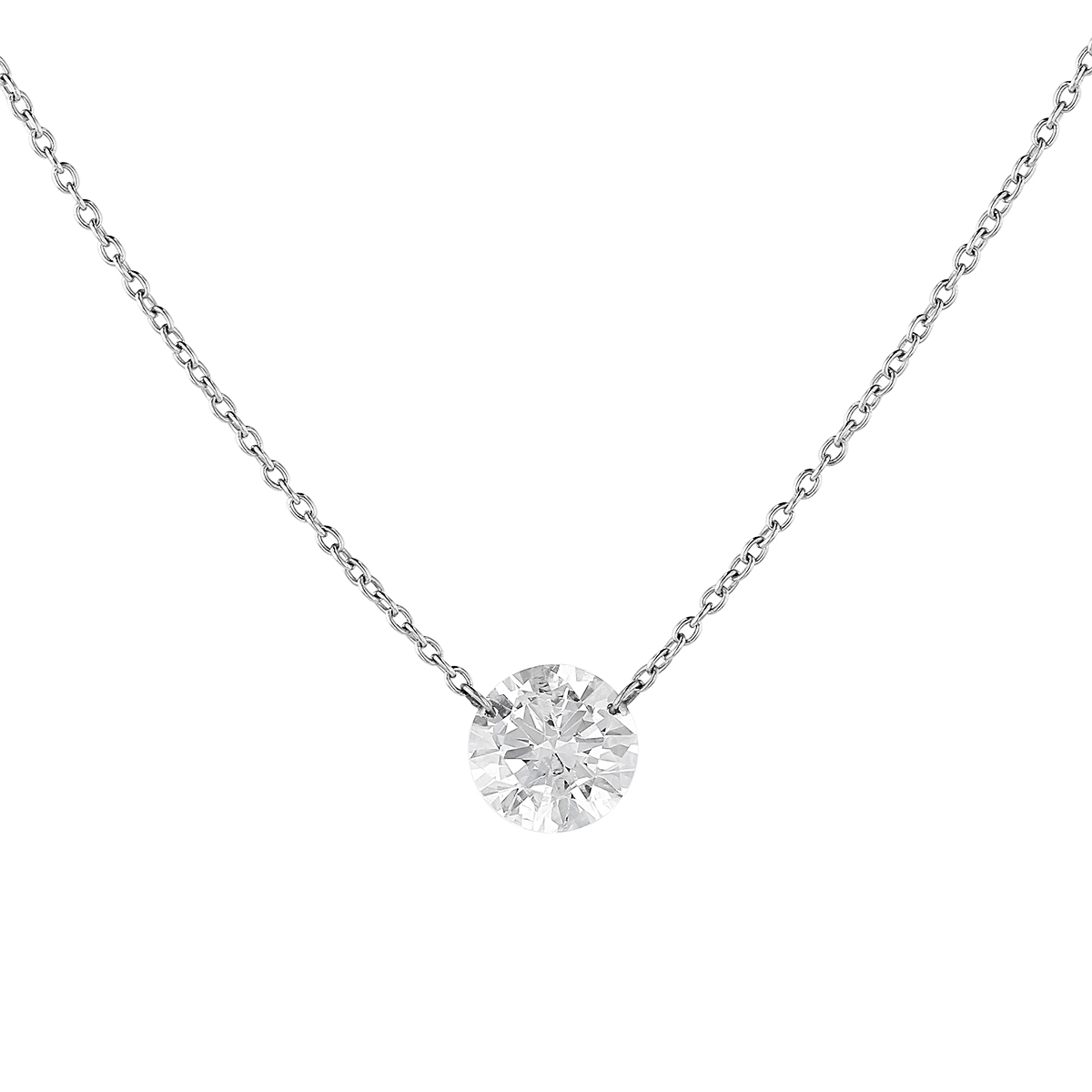 Aresa Round Diamond Solitaire Necklace in White Gold, 1.08 ct