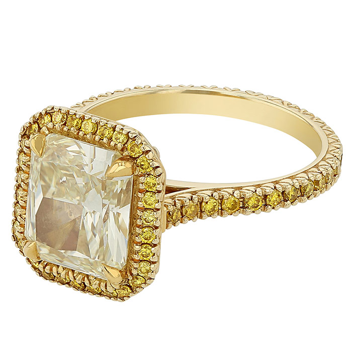Fancy Light Yellow Radiant Diamond Ring with Fancy Yellow Diamond Halo & Shank