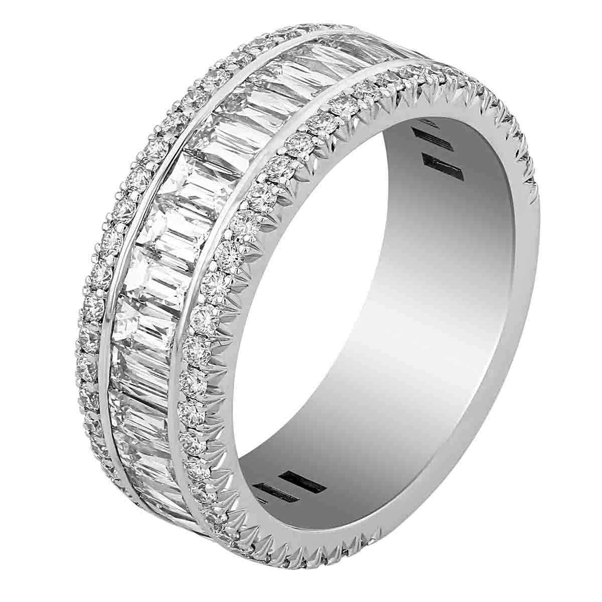 Rahaminov French Cut Baguette & Round Diamond 3 Row Band Ring in White Gold
