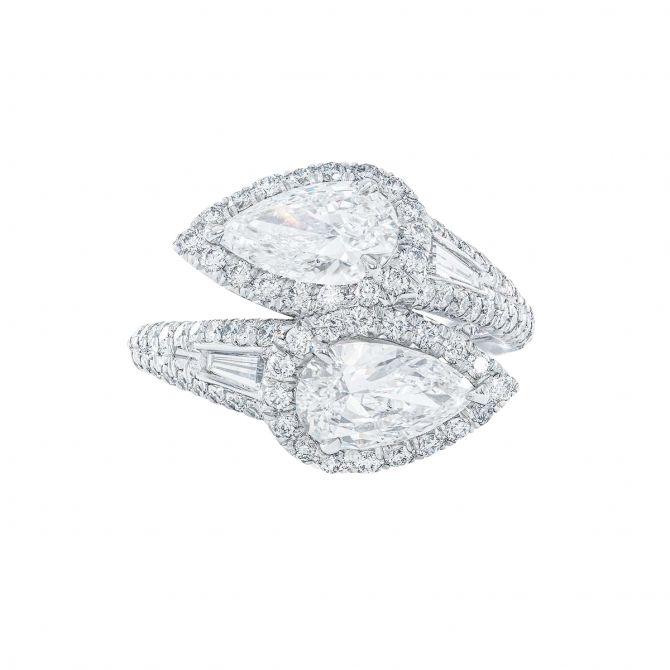 J.B. Star Pear Shaped Diamond Bypass Halo Ring with Tapered Baguette & Pavé Sides in Platinum