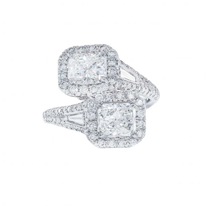 J.B. Star Radiant Diamond Bypass Halo Ring with Tapered Baguette & Pavé Sides in Platinum