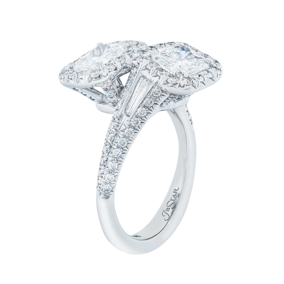 J.B. Star Radiant Diamond Bypass Halo Ring with Tapered Baguette & Pavé Sides in Platinum