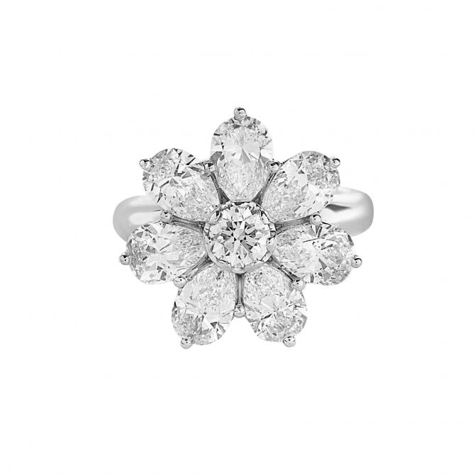 J.B. Star Pear Shaped & Round Diamond Flower Cocktail Ring in Platinum