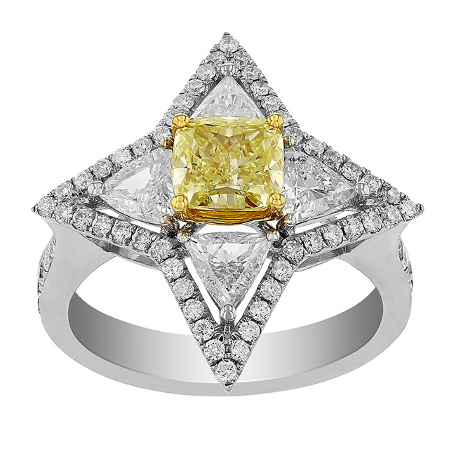 Cushion Yellow Diamond Ring with Trillion Diamond 4 Point Star & Halo in White Gold