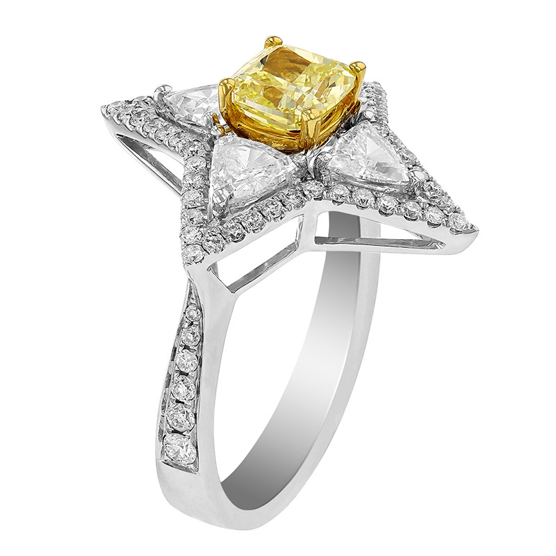 Cushion Yellow Diamond Ring with Trillion Diamond 4 Point Star & Halo in White Gold