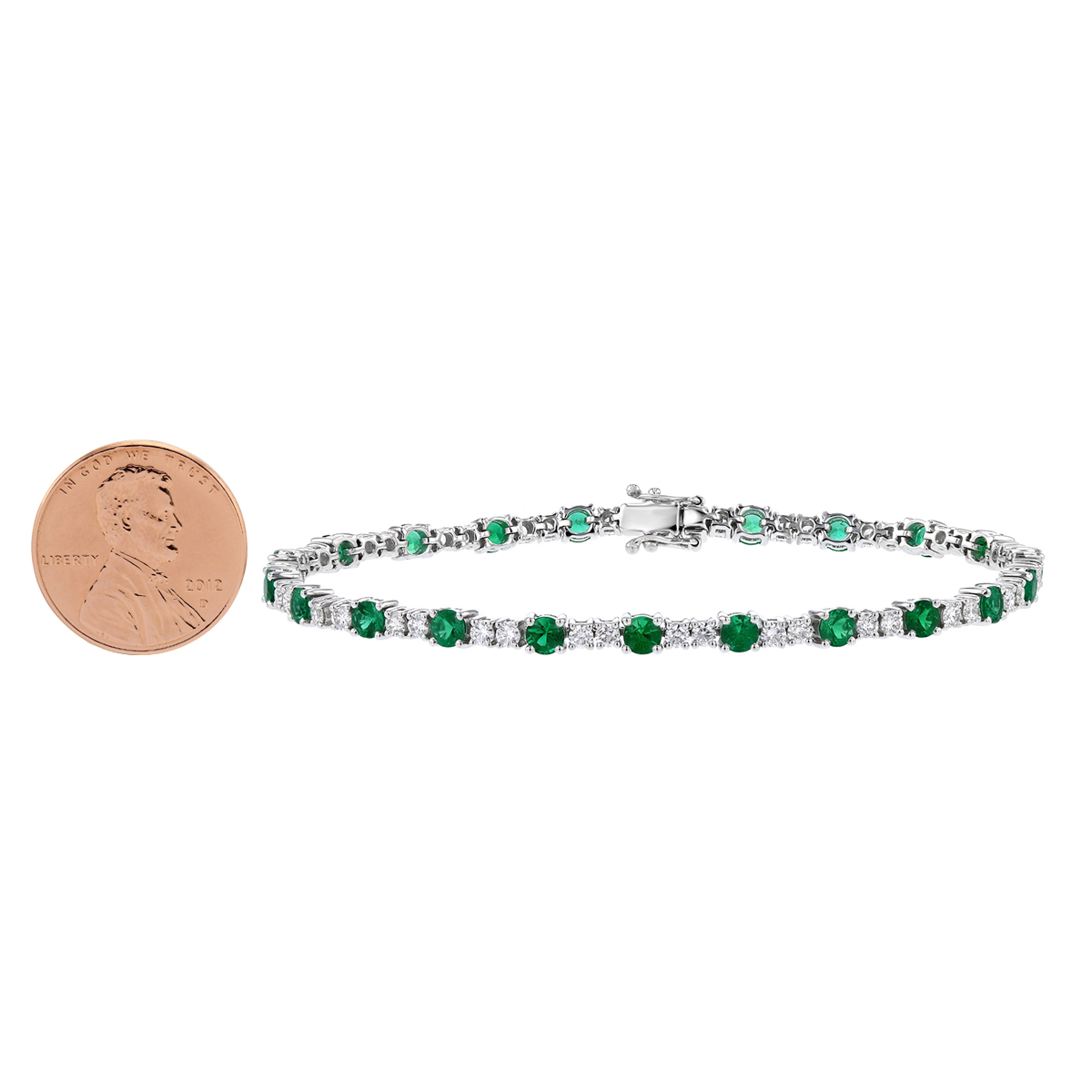 18K White Gold Round Emerald & Diamond Bracelet, 7