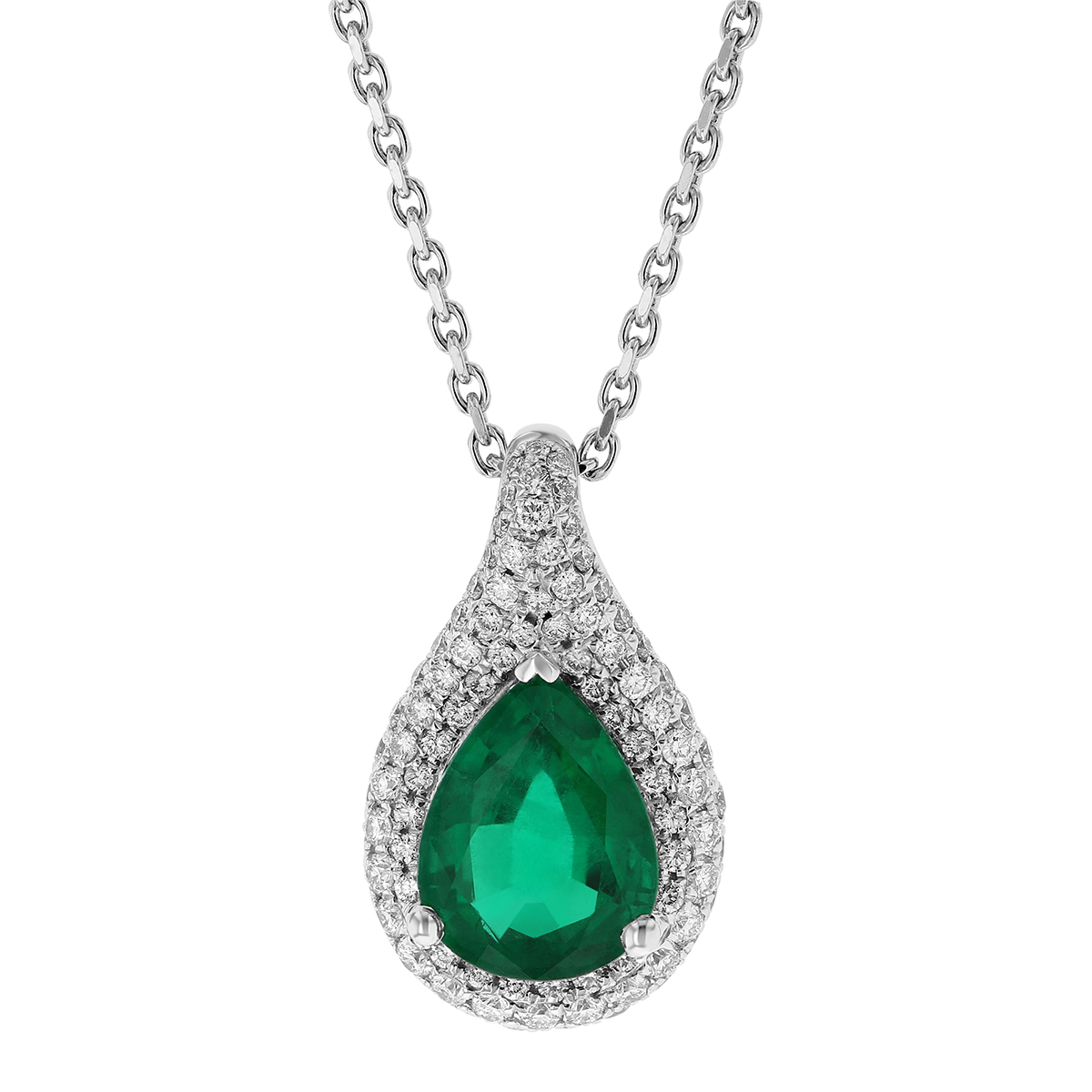 18K White Gold Pear Shaped Emerald & Diamond Pavé Teardrop Pendant, 16 ...
