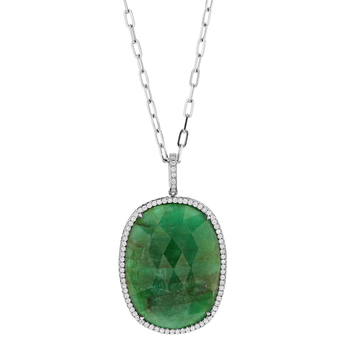 Rahaminov Rose Cut Oval Emerald Pendant with Diamond & Emerald Frame in White Gold, 30