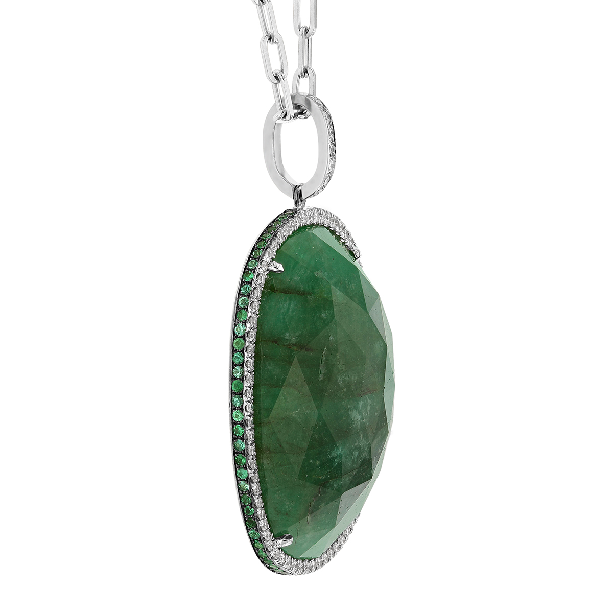 Rahaminov Rose Cut Oval Emerald Pendant with Diamond & Emerald Frame in White Gold, 30