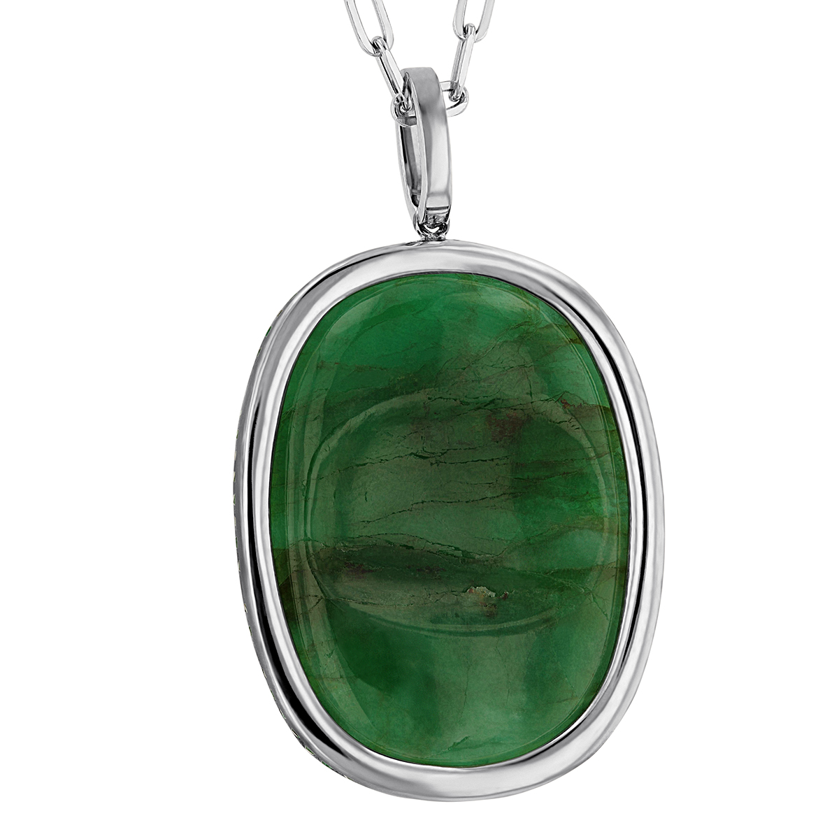 Rahaminov Rose Cut Oval Emerald Pendant with Diamond & Emerald Frame in White Gold, 30