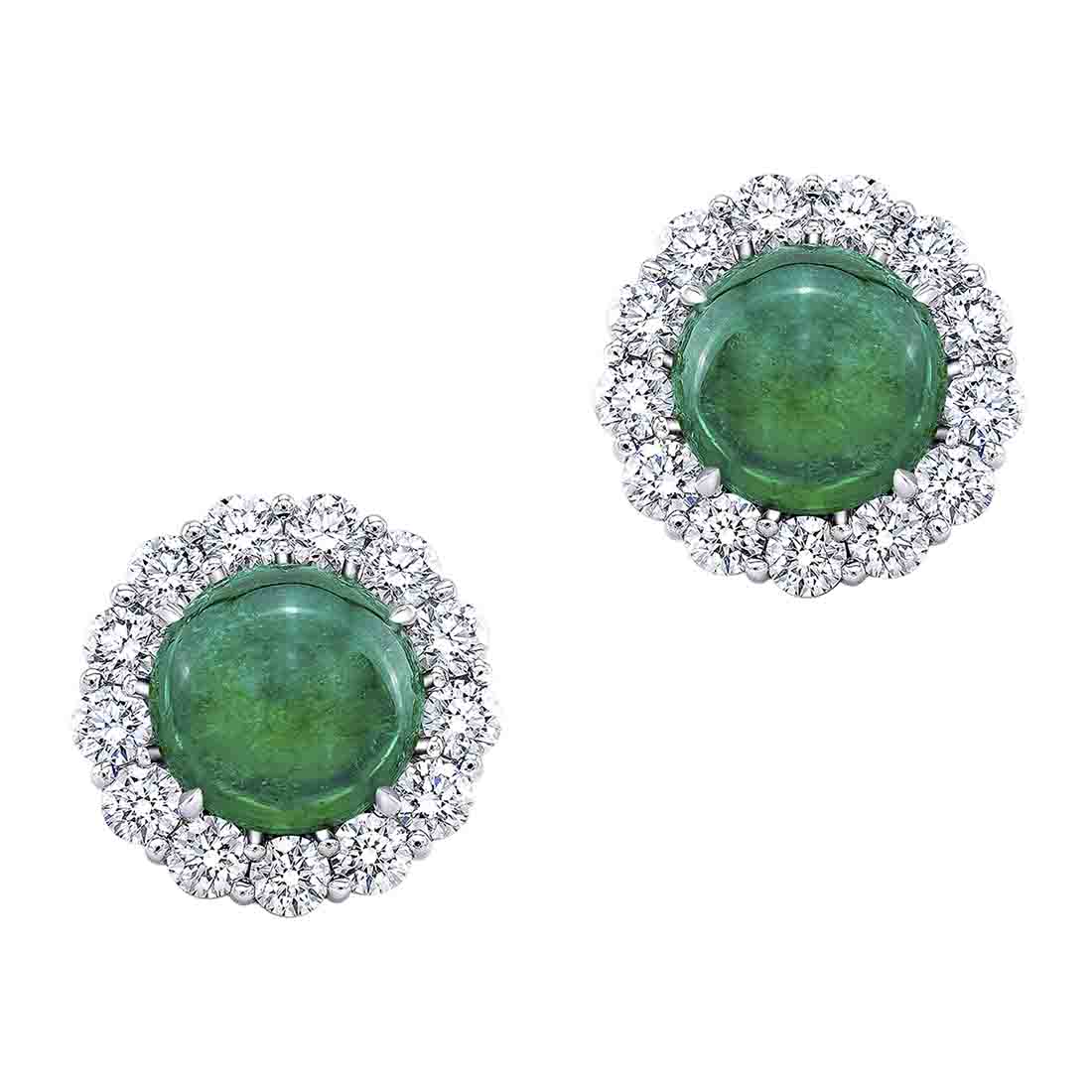 Rahaminov Round Cabochon Emerald & Diamond Halo Stud Earrings in White Gold