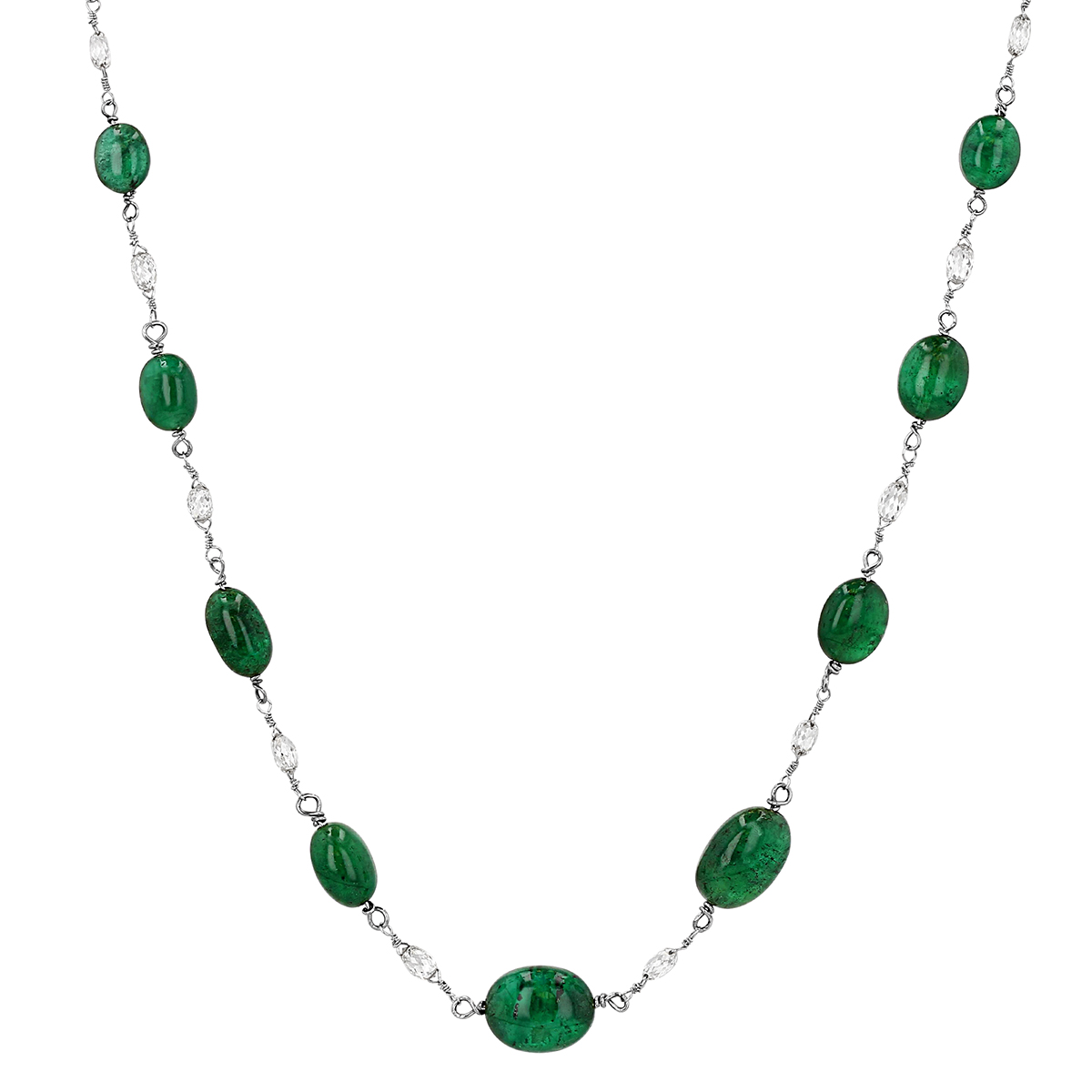 TARA Pearls Emerald Cabochon Bead & Diamond Briolette Necklace in White Gold, 28