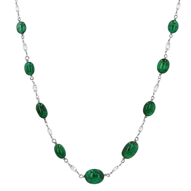 TARA Pearls Emerald Cabochon Bead & Diamond Briolette Necklace in White Gold, 28"