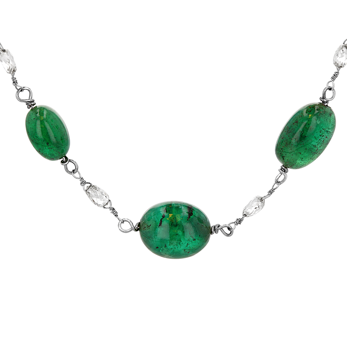 TARA Pearls Emerald Cabochon Bead & Diamond Briolette Necklace in White Gold, 28