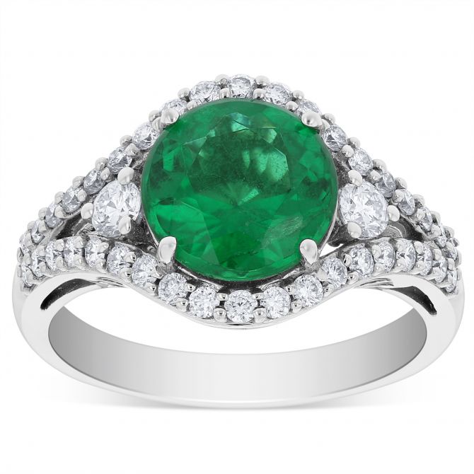Round Emerald & Diamond Frame Split Shank Ring in White Gold