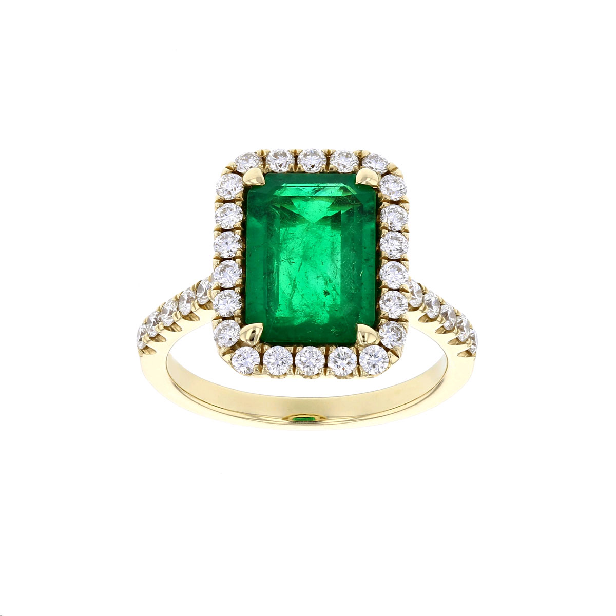 Emerald Cut Emerald & Diamond Halo Ring with Pavé Shank in Yellow Gold