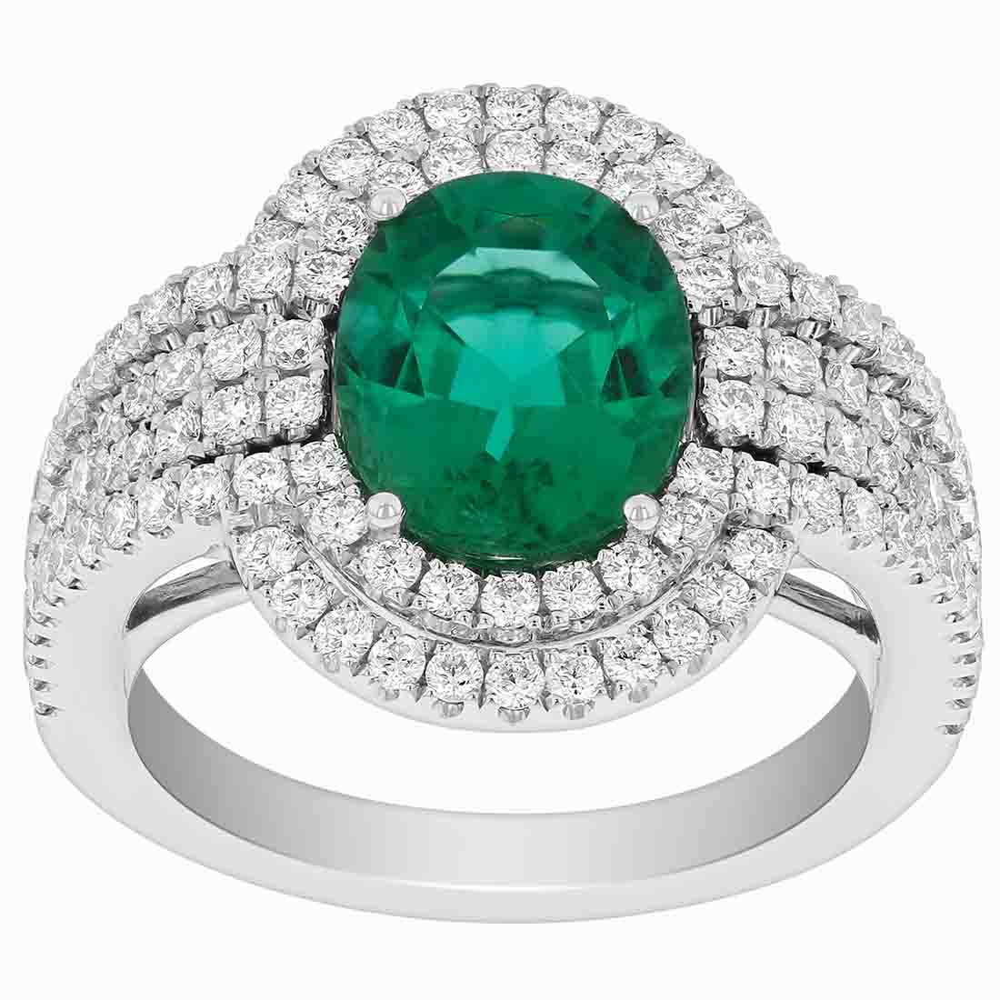 18K White Gold Oval Emerald & Diamond Double Halo & Shank Ring
