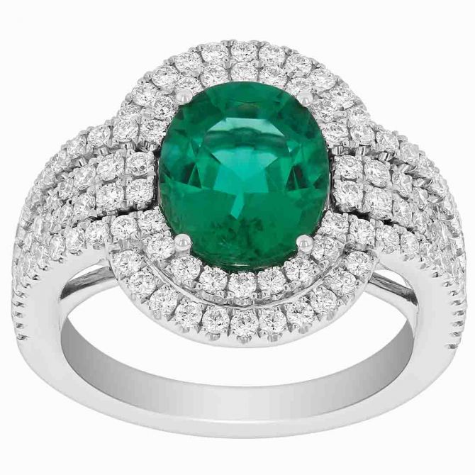 18K White Gold Oval Emerald & Diamond Double Halo & Shank Ring
