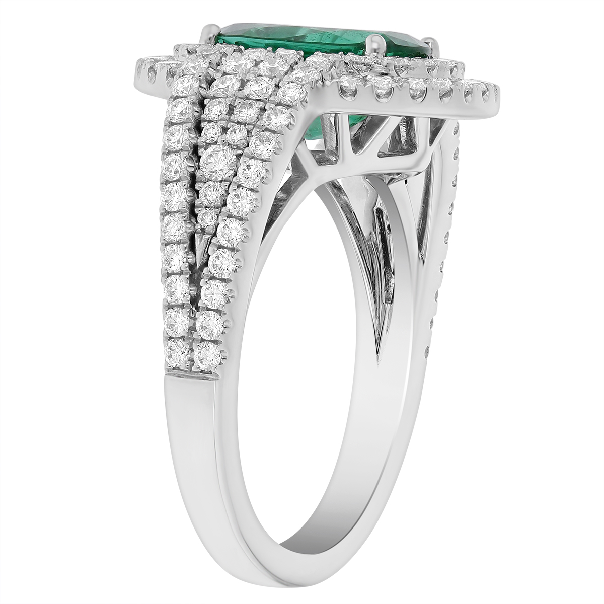 18K White Gold Oval Emerald & Diamond Double Halo & Shank Ring