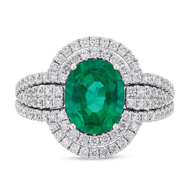 18K White Gold Oval Emerald & Diamond Double Halo & Shank Ring