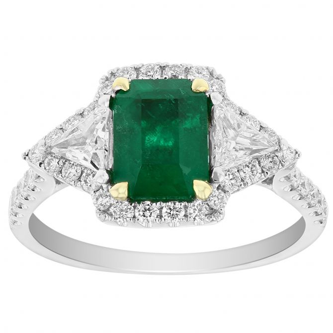 18K White Gold Emerald Cut Emerald & Trillion Diamond Ring