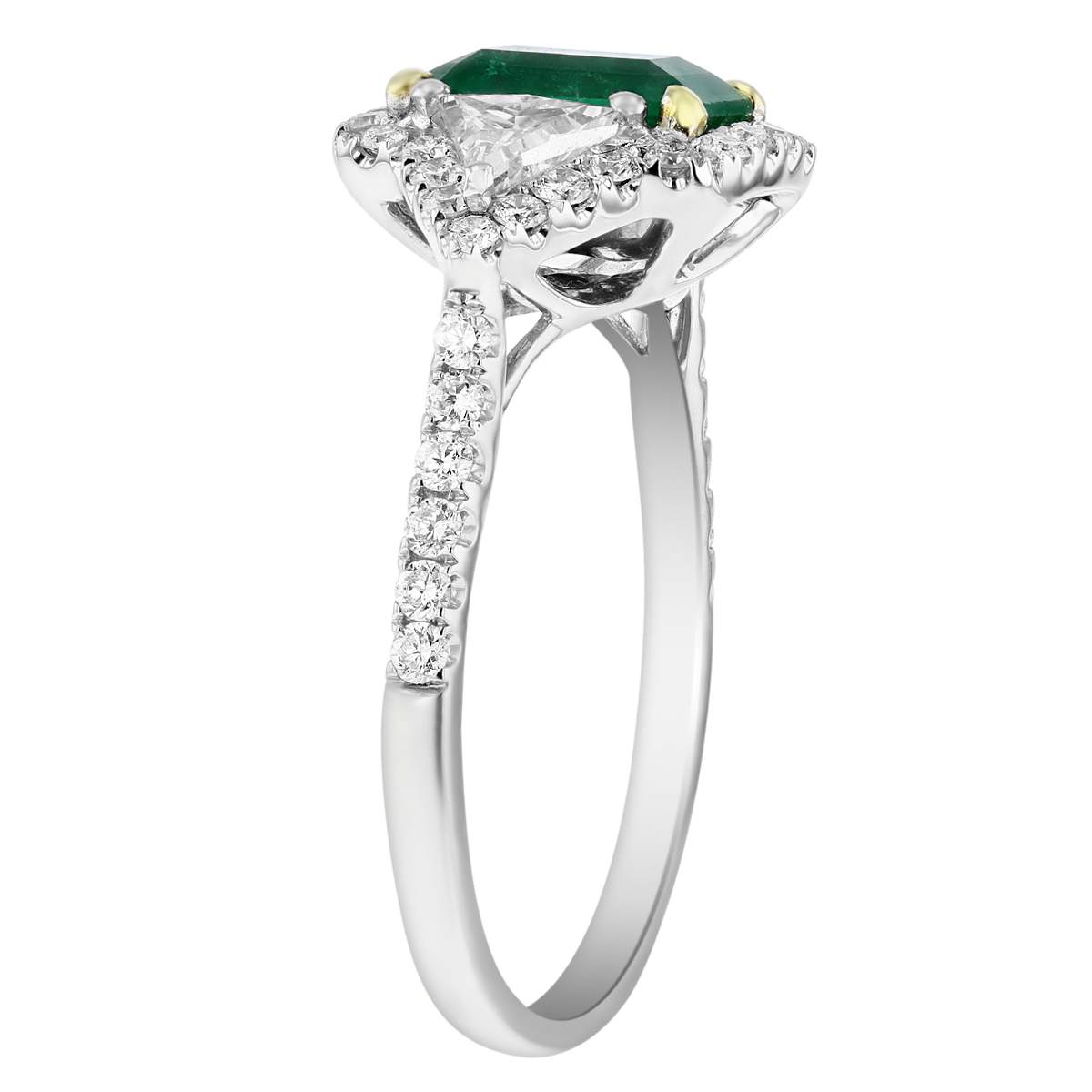 18K White Gold Emerald Cut Emerald & Trillion Diamond Ring