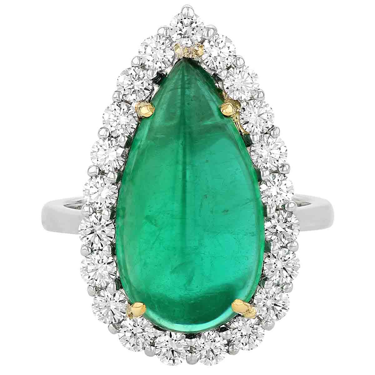 Rahaminov Pear Cabochon Emerald & Diamond Halo Ring in Platinum
