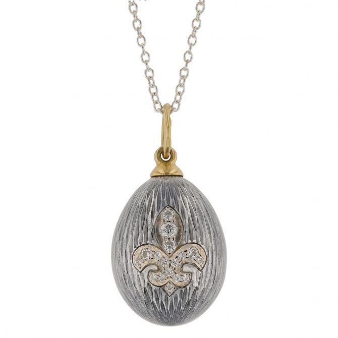 Estate Fleur De Lis Clear Stone Engraved Teardrop Pendant in Sterling Silver & Yellow Gold
