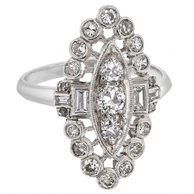 Art Deco Estate Baguette & Diamond Navette Ring in Platinum