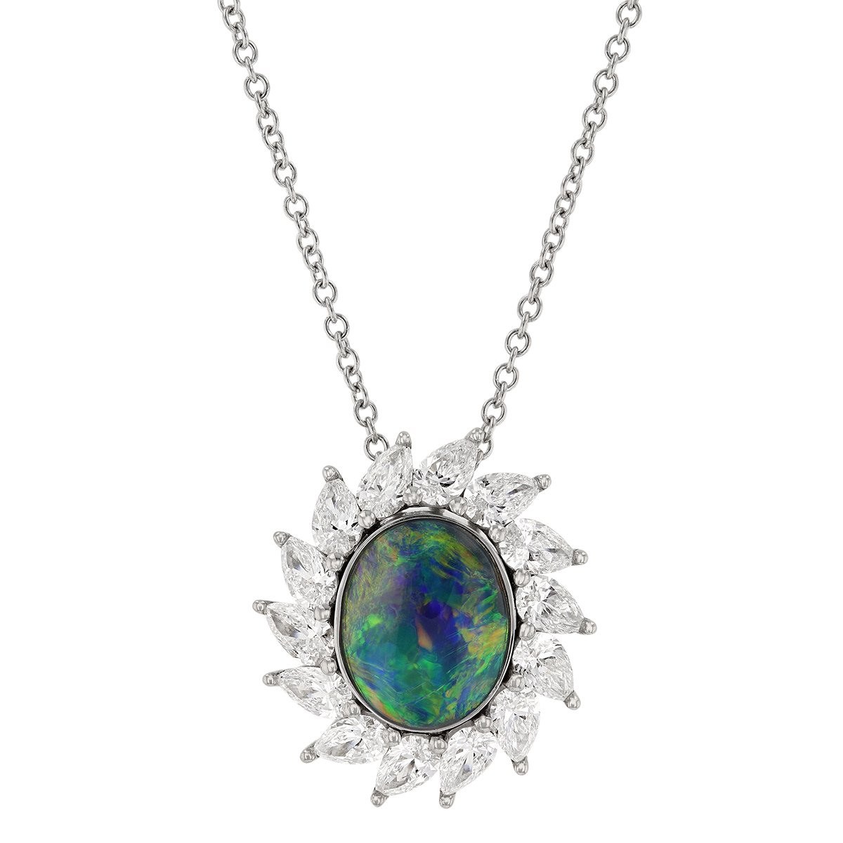 Oval Black Opal Pendant with Pear Shaped Diamond Halo in White Gold, 18 ...
