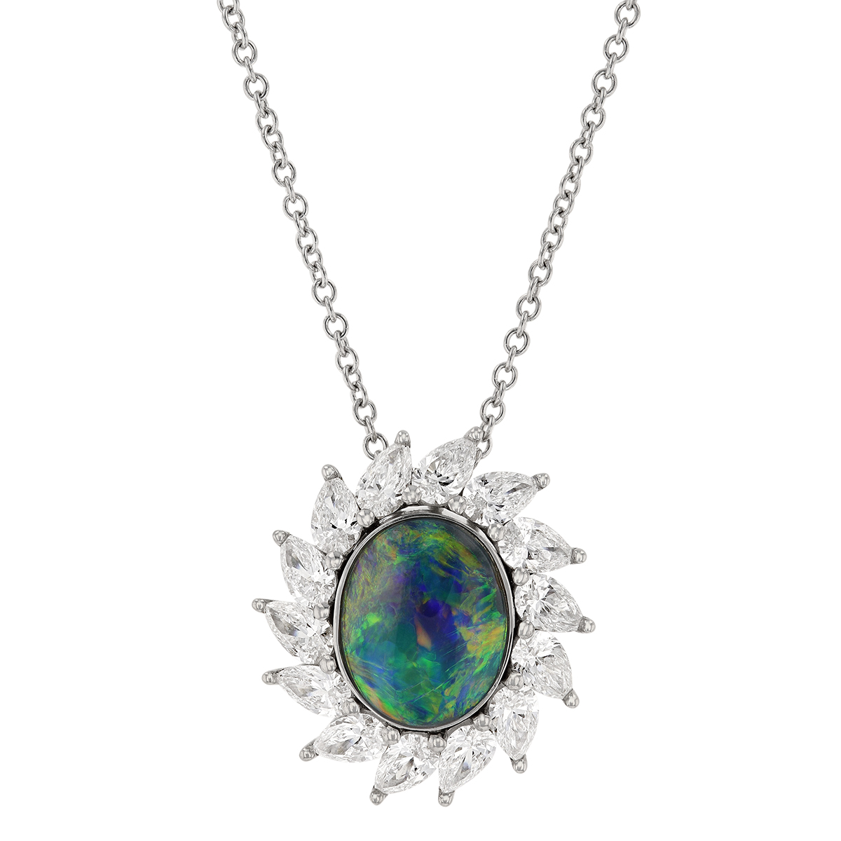 14 Karat White Gold Oval Shape Created Black Opal Diamond Pendant  レディースアクセサリー