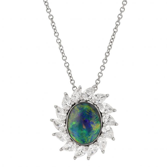 Oval Black Opal Pendant with Pear Shaped Diamond Halo in White Gold, 18"