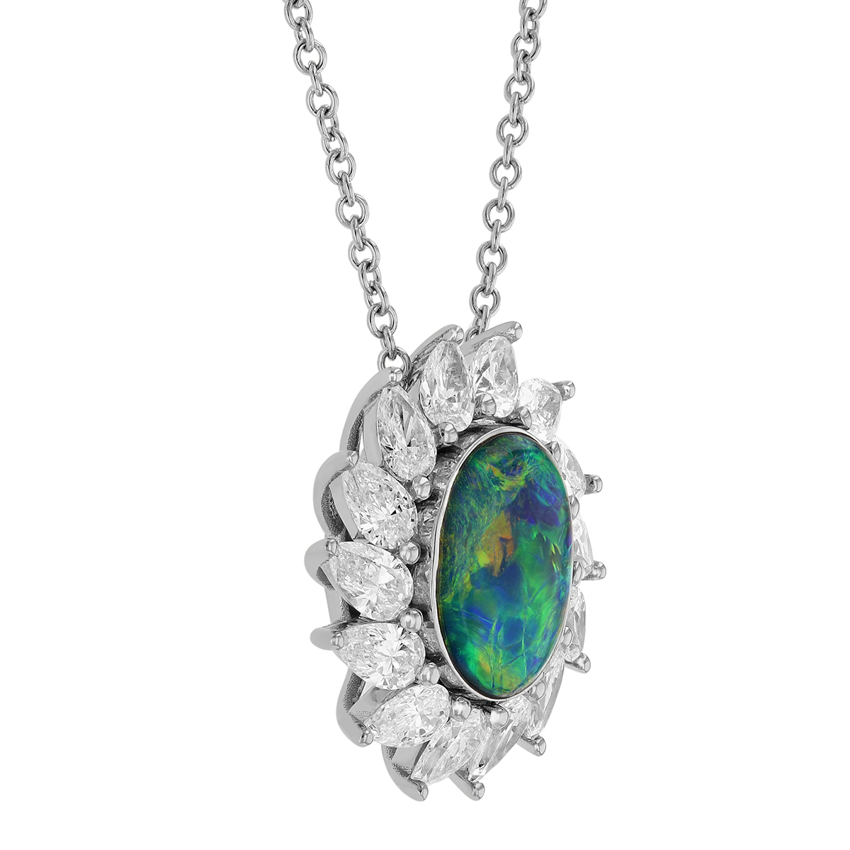 Oval Black Opal Pendant with Pear Shaped Diamond Halo in White Gold, 18