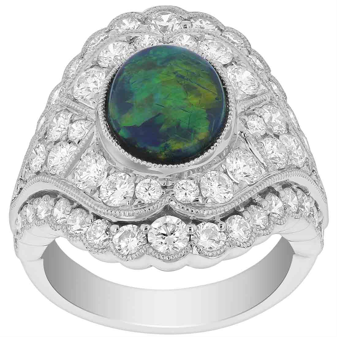 Oval Black Opal & Diamond Scalloped Milgrain Ring in White Gold